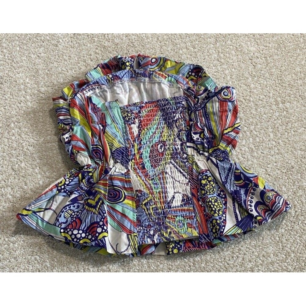 Anthropologie Strapless Smocked Ruffle Blouse Multicolor Cotton Abstract XS - Picture 9 of 10